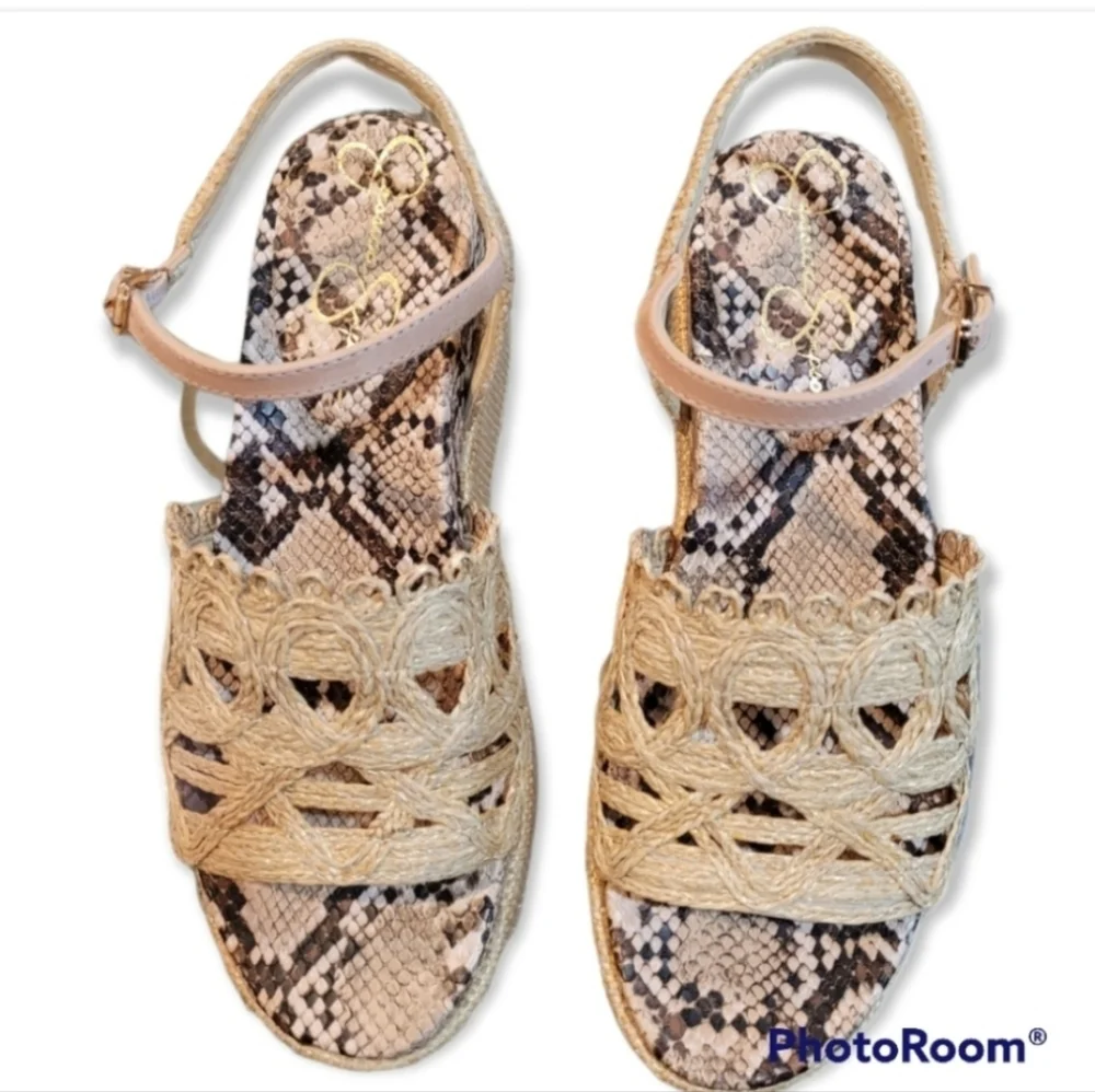 Jessica Simpson Camilia Rattan Wedge Platform Sandal Snake Print Ankle Strap 6.5